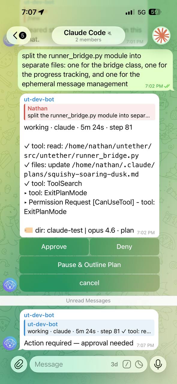 Approval message with Approve / Deny / Pause & Outline Plan buttons