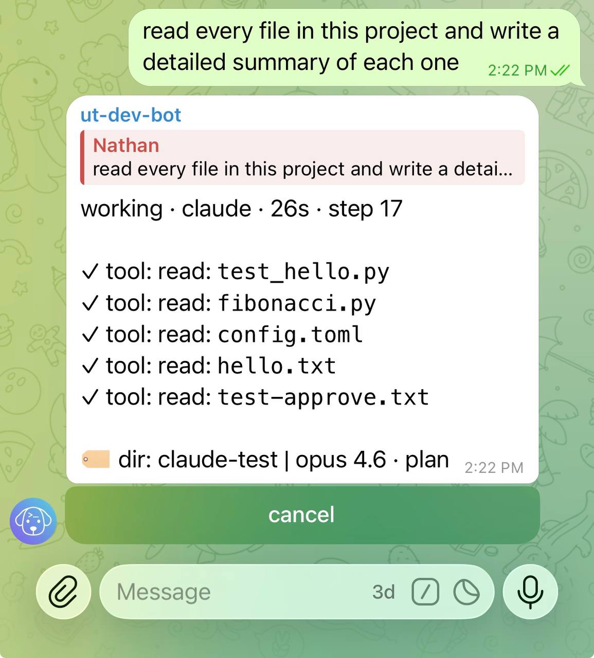 Cancel button on progress message and the resulting cancelled status