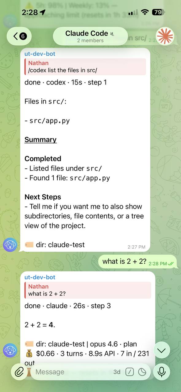 Engine switching — /claude then /codex in the same chat