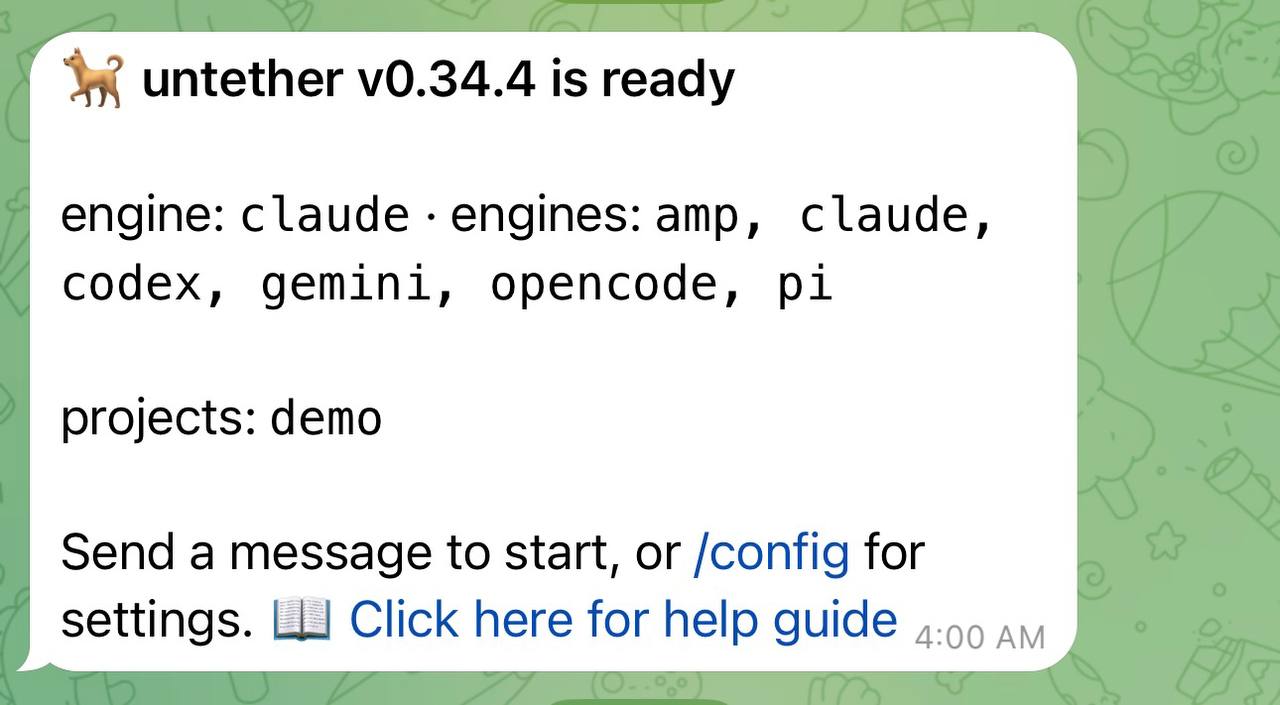 Telegram startup message showing version and engine info