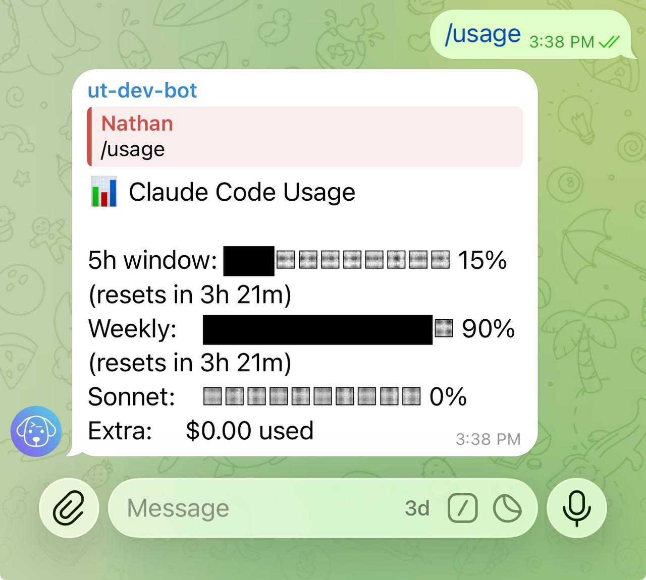 /usage command output showing 5h window, weekly usage, and per-model breakdown