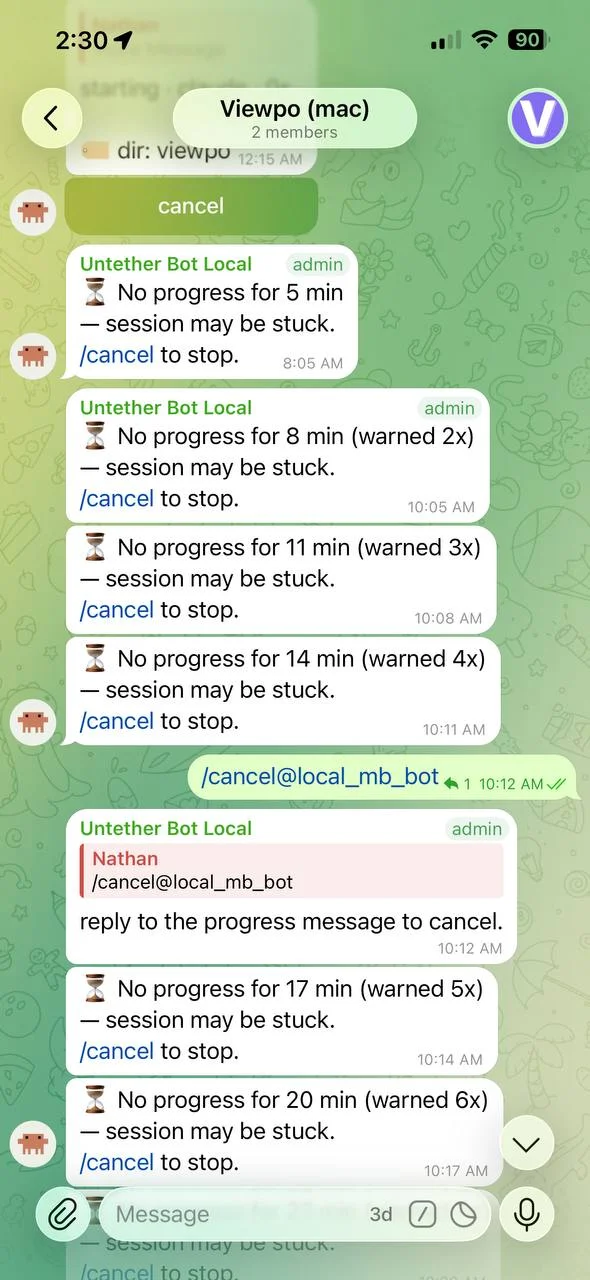 Telegram chat showing 6 stacked stall monitor warnings escalating from 5 to 20 minutes, with a failed /cancel attempt