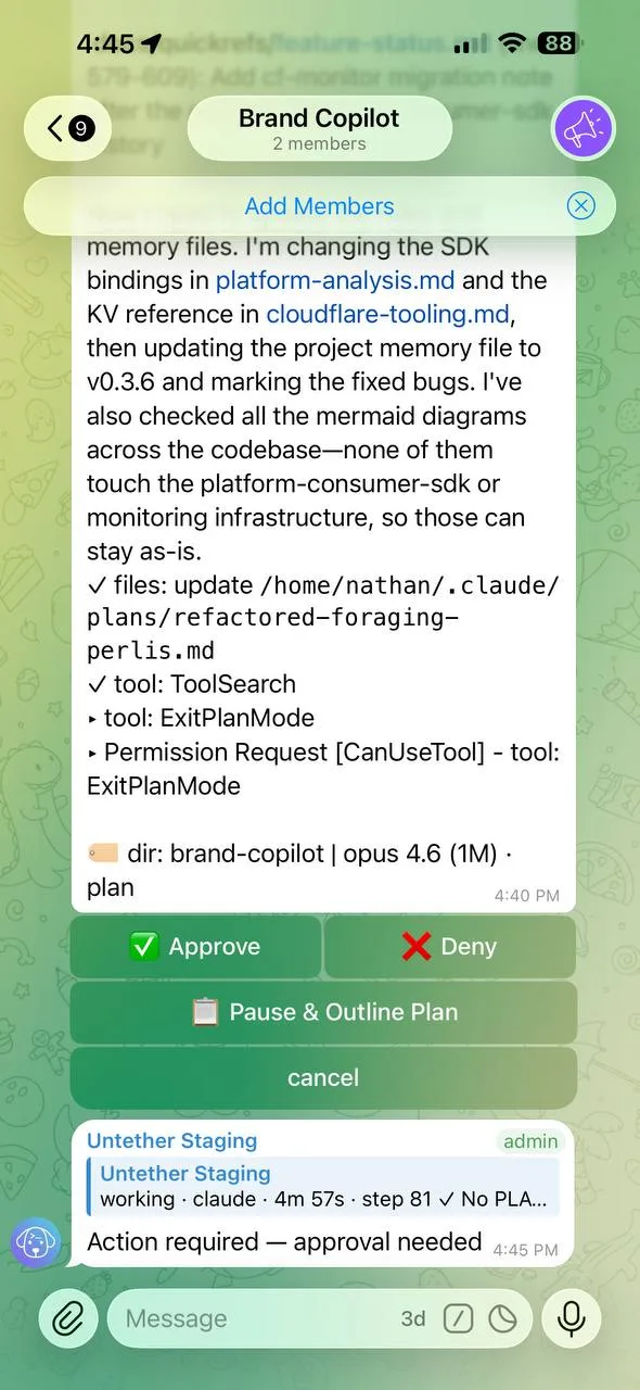 Plan mode approval buttons in Telegram - Approve, Deny, and Pause and Outline Plan options appear inline