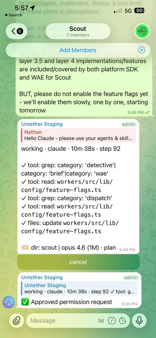 Untether streaming progress in Telegram - tool calls, file changes, and working status visible in real time
