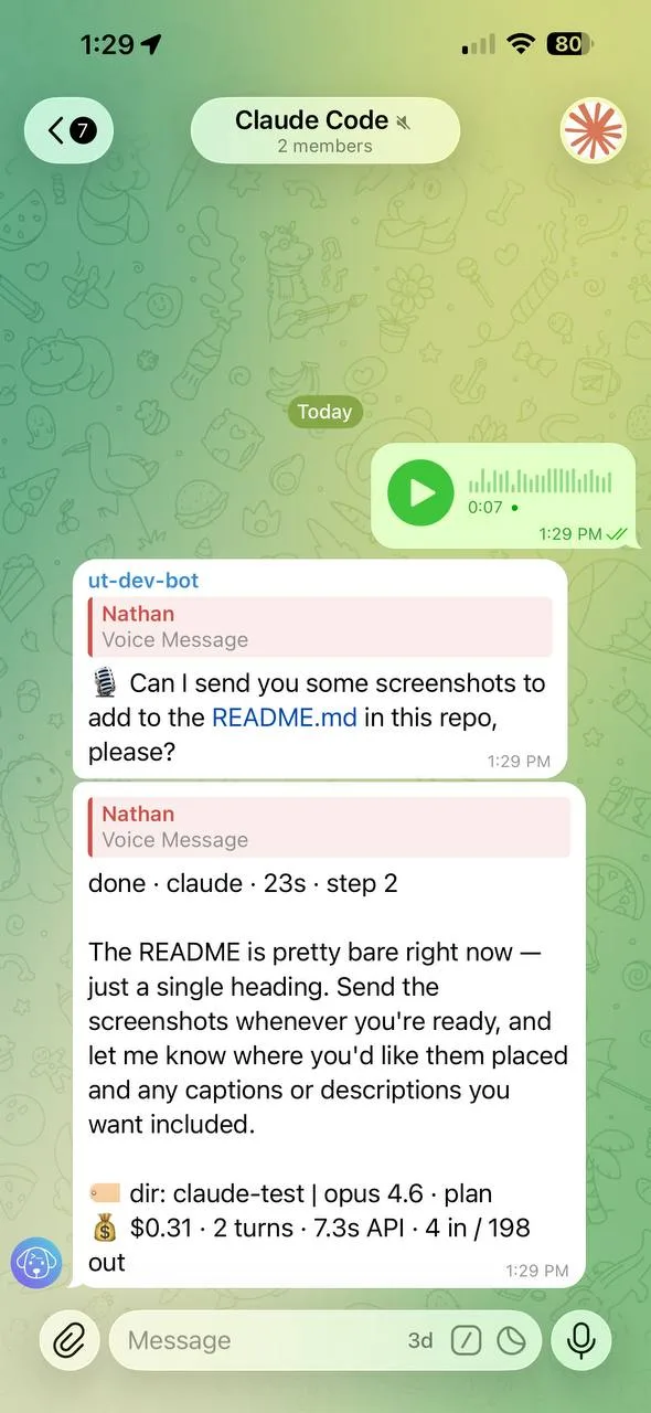 Voice note transcription in Telegram - a 7-second voice note transcribed by Groq and sent to Claude Code as a task