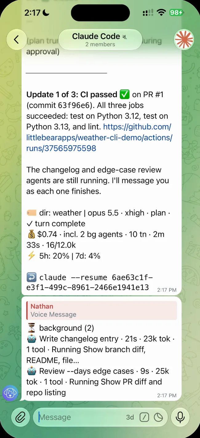 Telegram on an iPhone: an Untether reply reporting CI passed on PR #1 and saying two review agents are still running, ending with ✓ turn complete and a cost line marked incl. 2 bg agents, followed by a ⏳ background (2) block listing two Claude Code agents, Write changelog entry and Review --days edge cases, each with elapsed time, tokens, one tool call and its current step