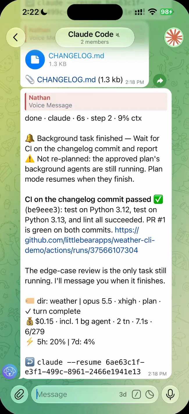 Telegram on an iPhone: an Untether message headed 🔔 Background task finished — Wait for CI on the changelog commit and report, noting that plan mode resumes when the approved plan's background agents finish, then Claude's report that CI passed on the changelog commit, that the edge-case review is the only task still running, and a footer ending ✓ turn complete